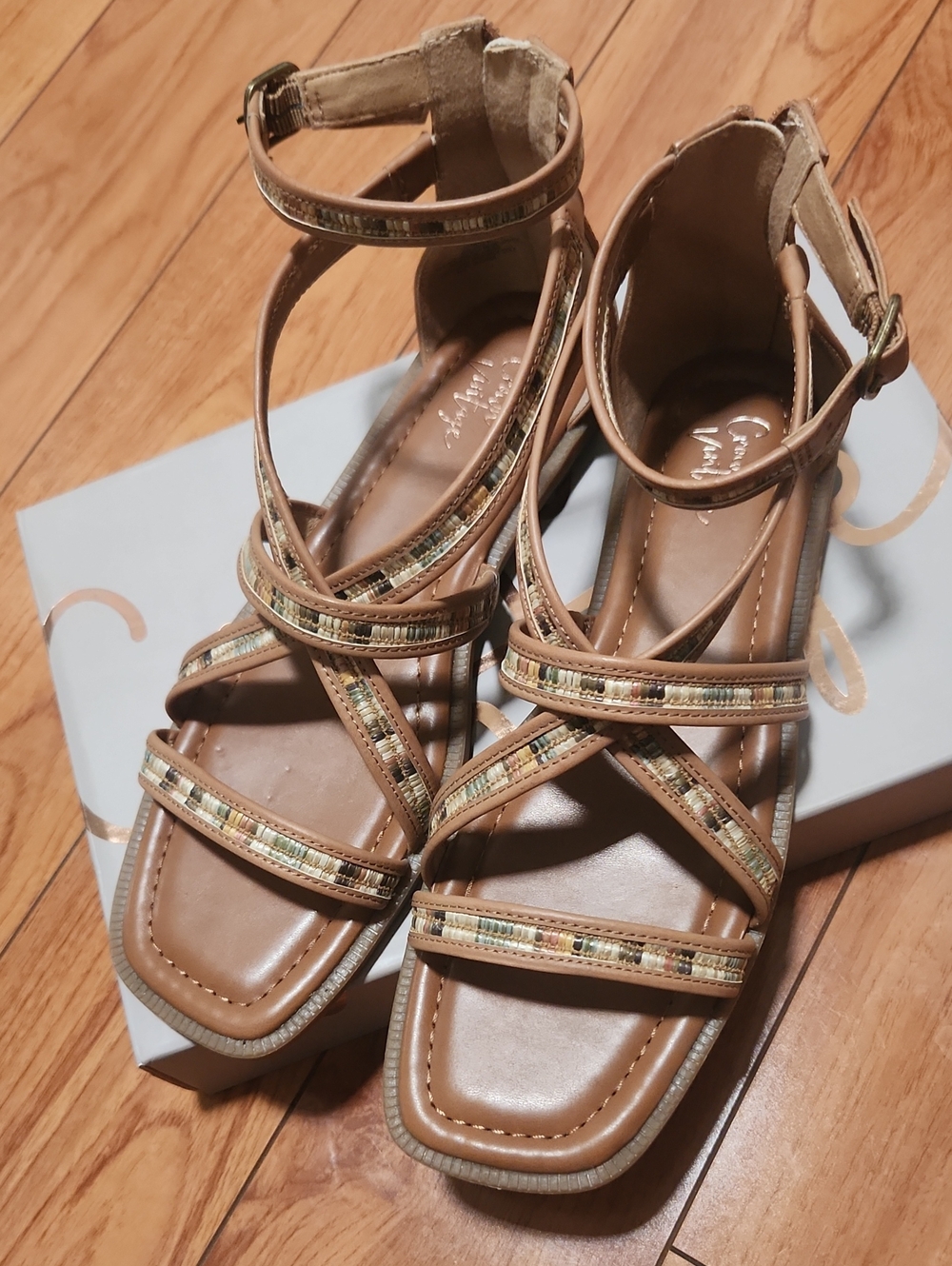 Crown Vintage Tan Strappy Sandals with Metallic Bead Accents